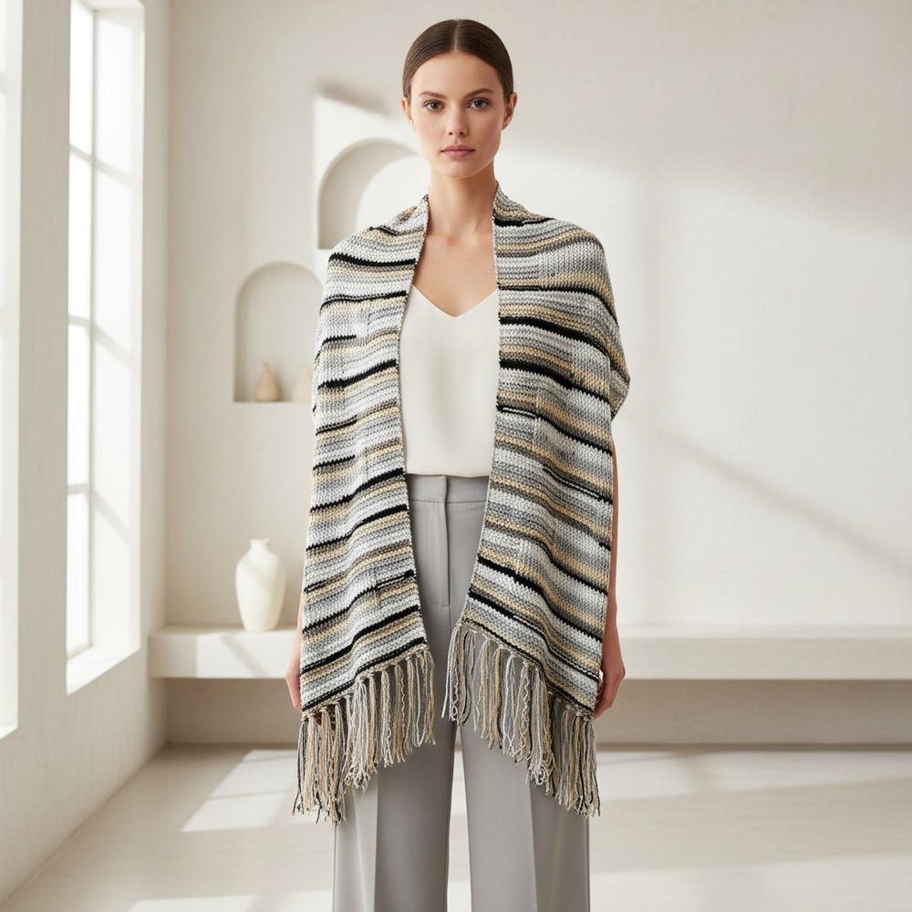 NEW Gray Black Beige Hand Knitted Shawl Wrap Boho Hippie Artsy Indie Festival